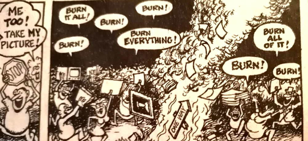 Photo: A panel showing mob burning things, from The Fabulous Furry Freak Brothers, by Gilbert Shelton