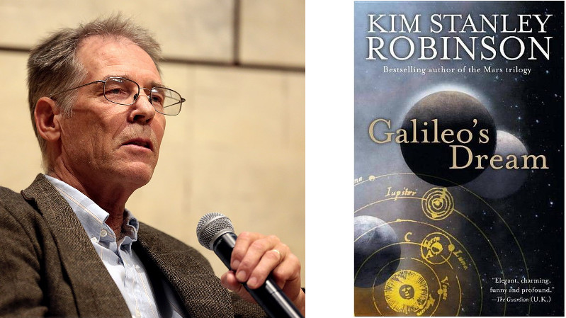 Kim Stanley Robinson in 2017, left, image by Gage Skidmore, via Wikipedia; Cover of Galileo's Dream, right