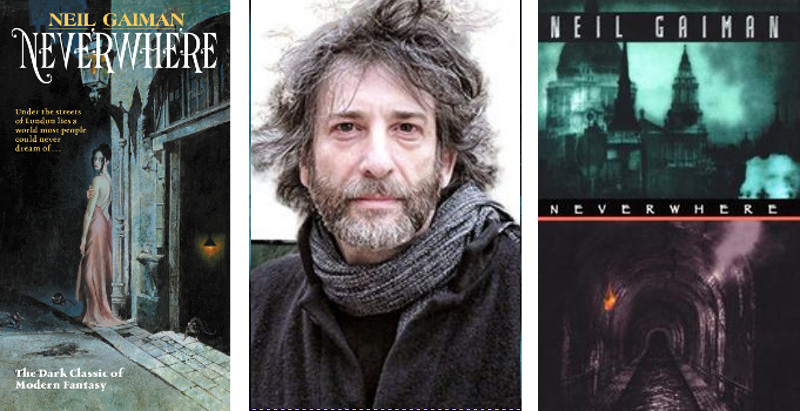 Photo-illustrations of two covers, and author photo of Neil Gaiman's novel, Neverwhere